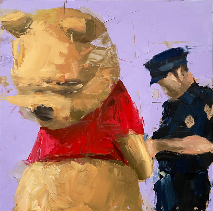 Brad Robson painting of Winnie the Pooh being arrested, contemporary pop art style artwork, satirical character portrait