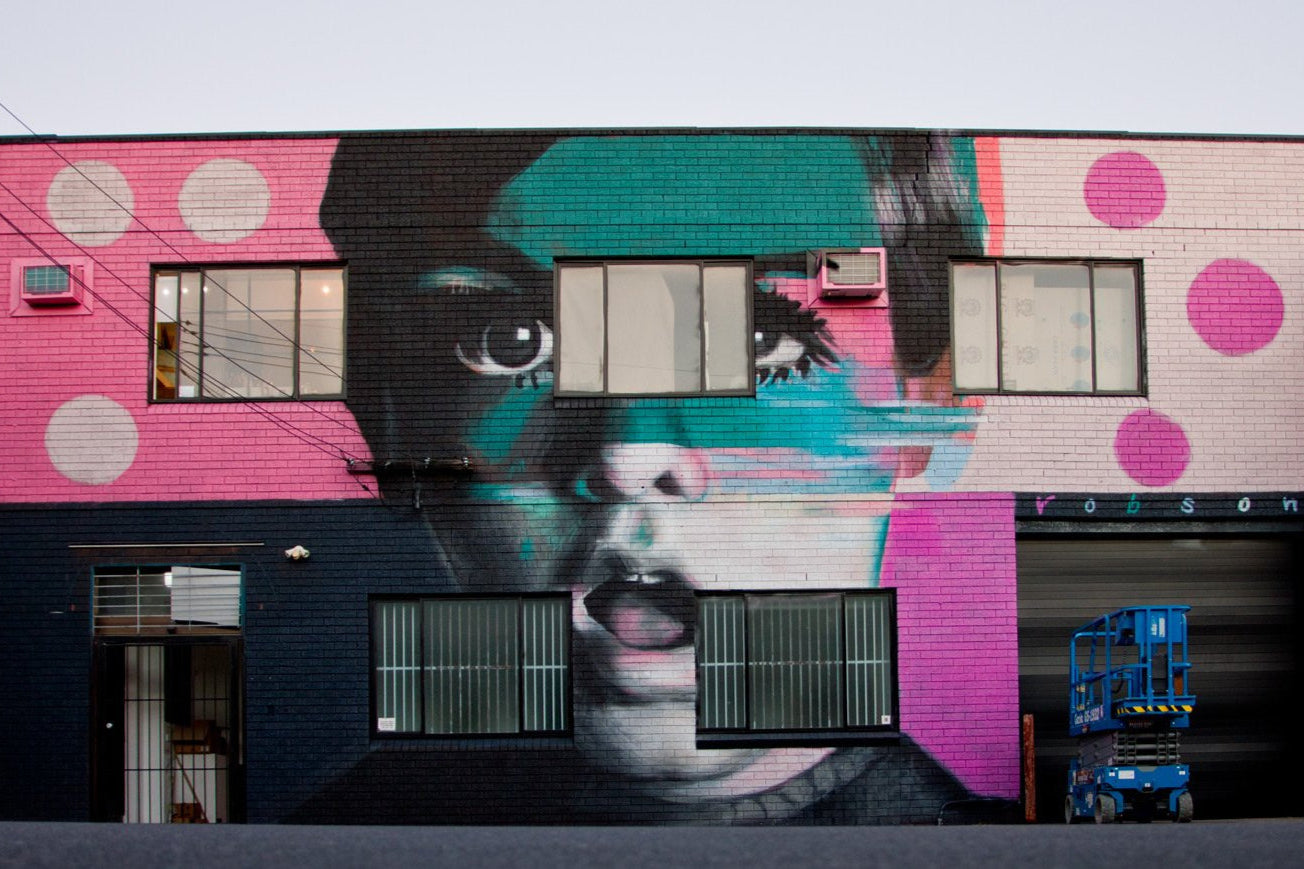 Brad Robson mural “Twiggy,” large-scale portrait painted for the Perfect Match program at Marrickville, Inner West Sydney