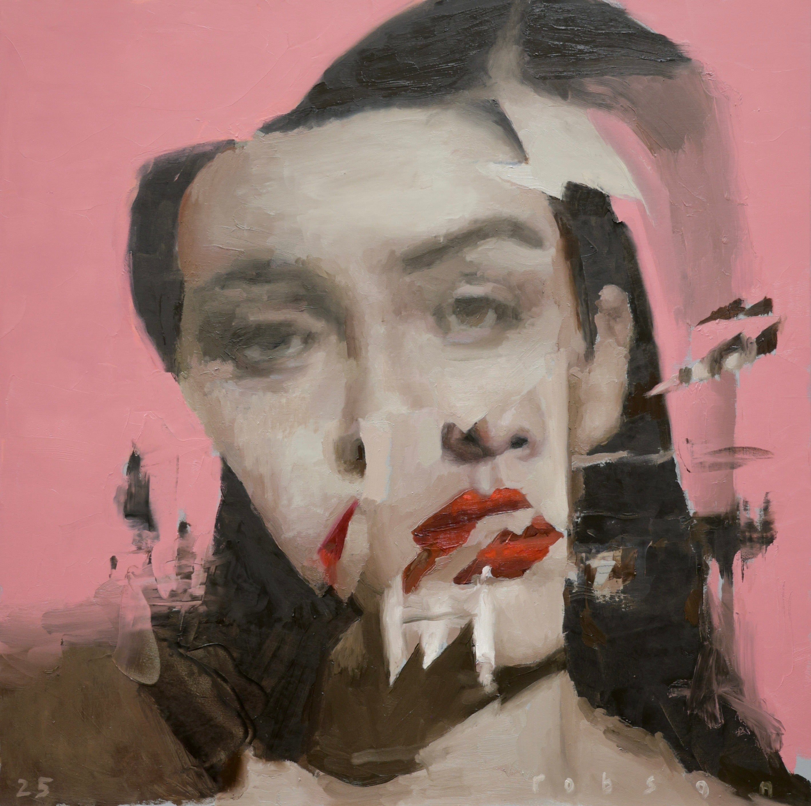 Artistic portrait with abstract elements on a pink background